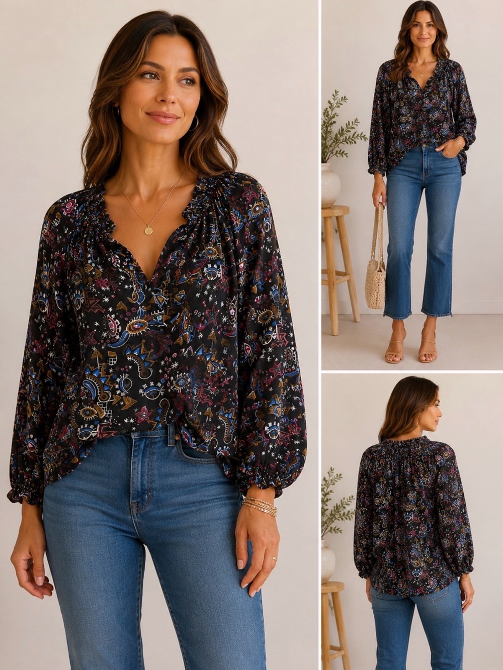 Marie Oliver Abstract Celestial Print Ruffle Neck Boho Blouse Top Sz 1 p2p 24’